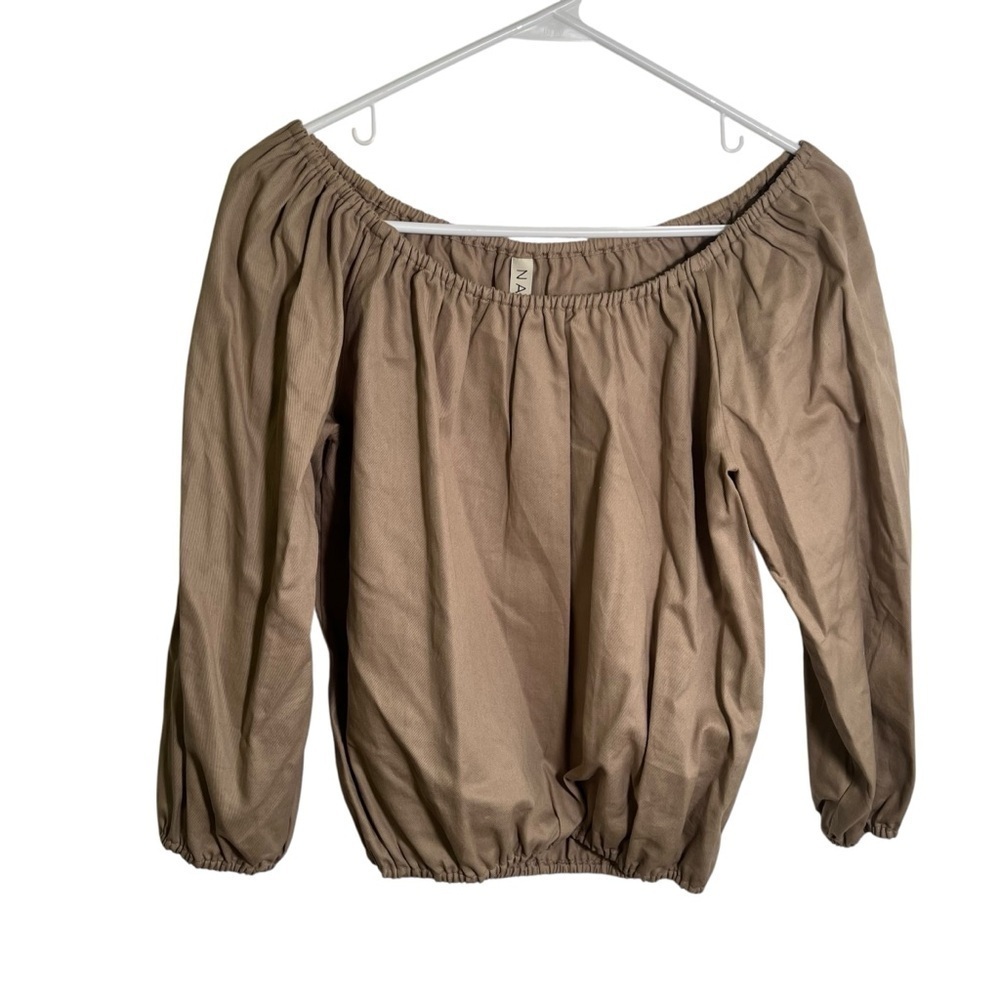 NA NIN Women's Sz 1 Blouse Beige 3/4 Sleeve Off Shoulder 100% Cotton Sustainable